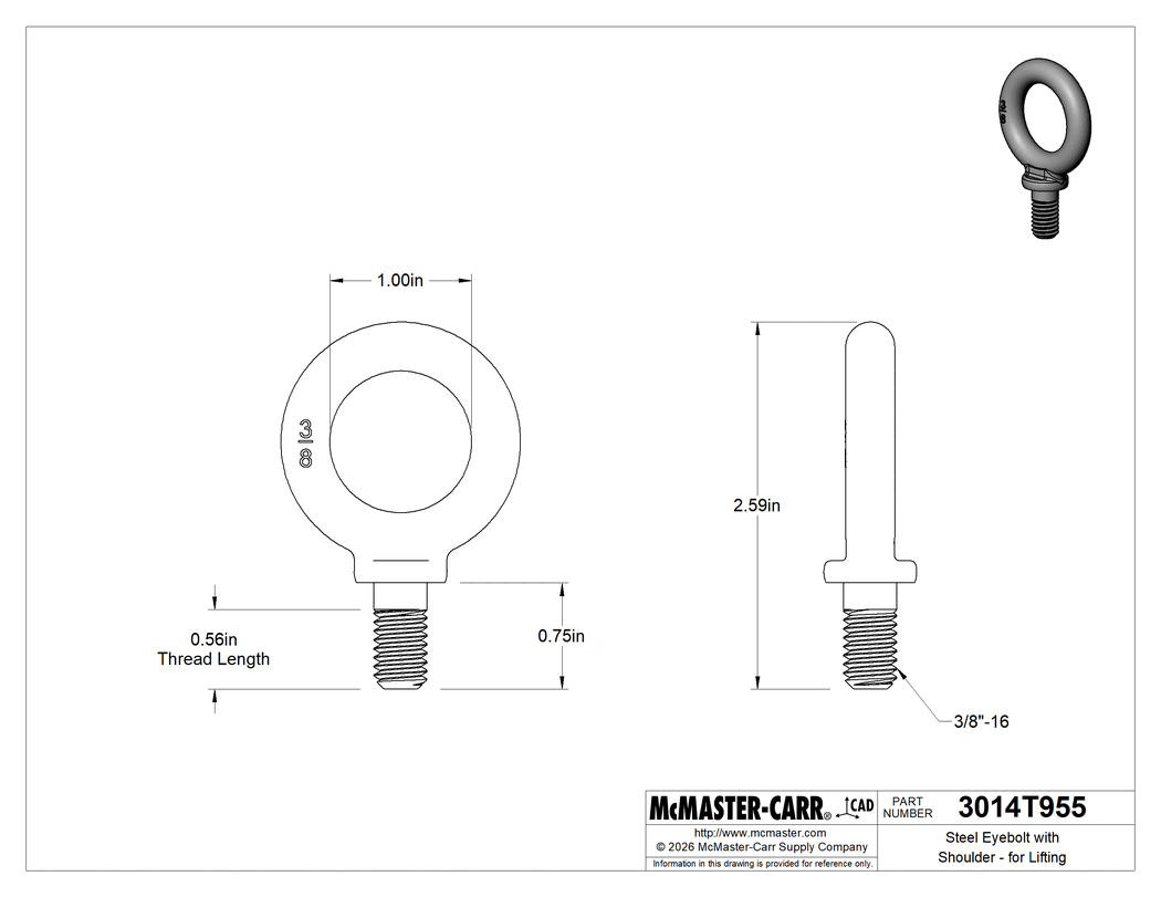 Technical Drawing of Steel Eyebolt with Shoulder - for Lifting, Zinc-Plated, 3/8"-16 Thread Size, 9/16" Thread Length .